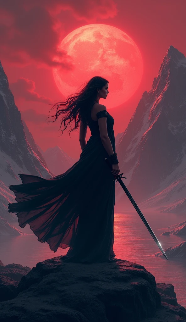 "Create an image of a lady wearing a flowing black saree, holding a sword with a poised and confident stance. The scene is set under a moonlit red night sky, large icy mountains, with the moon casting a soft glow and creating dramatic shadows. The background features subtle hints of a serene night landscape, enhancing the ethereal and powerful atmosphere of the scene."