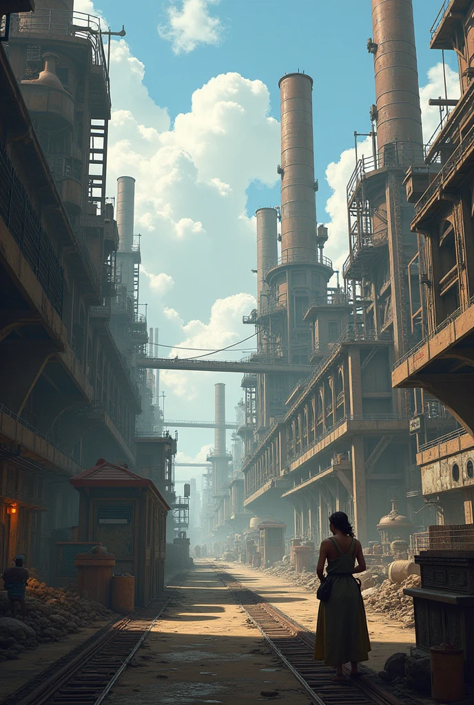 A picture of a craftswoman with 10 factory halls and a one-story building