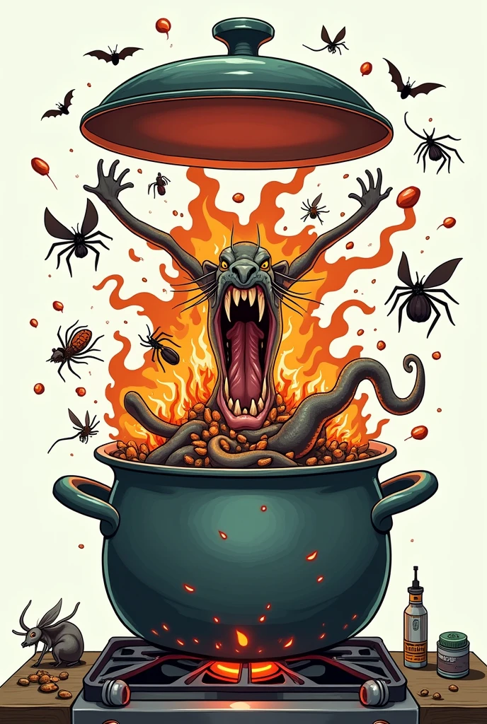 A caricature of a pot on the fire where the lid lifts itself and rats emerge, Snakes, Spiders, bats, insects, radioactive fluids and waste. An analogy of corruption and various crimes being uncovered. A transparent background to overlay the image on different surfaces.