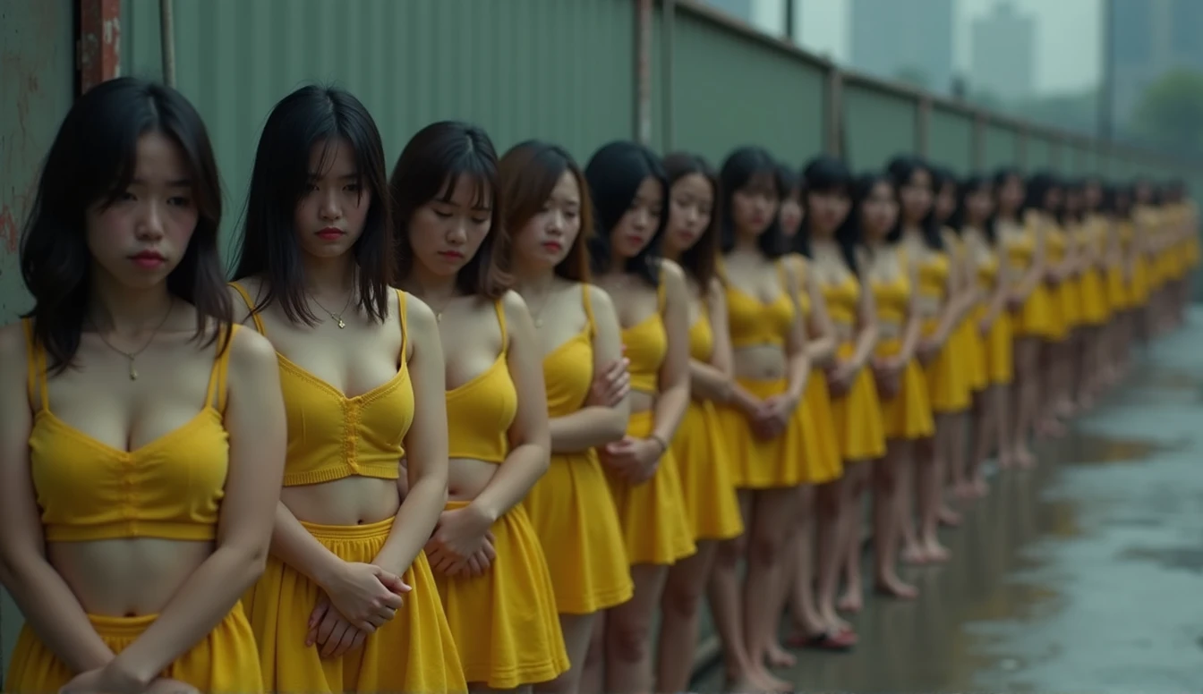 a line of 15 Asian women, all next to each other, their faces look sad, they all have their hands crossed in front of their legs, they wear very short yellow skirts and a yellow bra, the line of women is positioned at 45 degrees from the camera, the camera is very far from the women