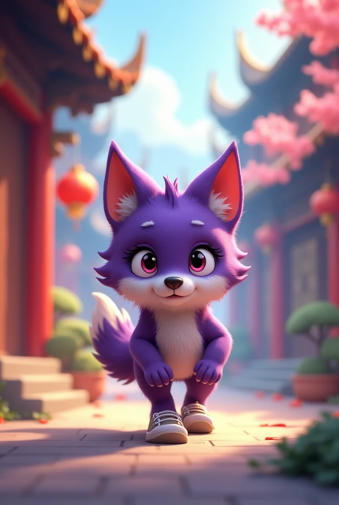 a purple wolf,cute,Wearing shoes,The wolf walks cautiously,The expression is nervous,Move carefully,background chinese style