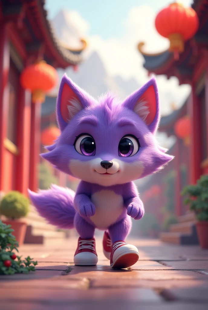 a purple wolf,cute,Wearing shoes,The wolf walks cautiously,The expression is nervous,Move carefully,background chinese style