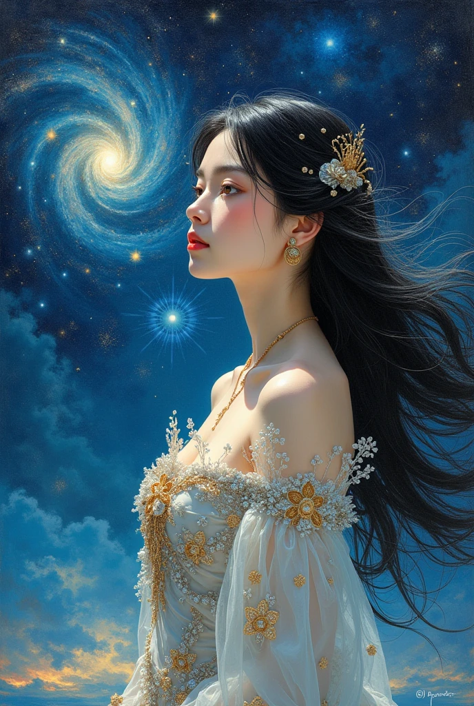 A fantastic painting of a beautiful woman with the great universe in the background, drawn in the style of Japanese manga artist Leiji Matsumoto.