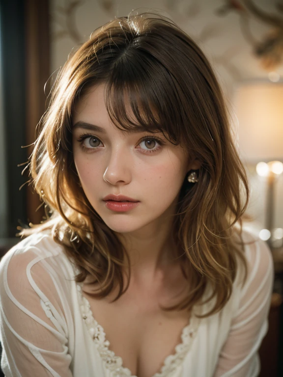 a stunningly realistic, high resolution 8K photo of a beautiful 24-year-old woman, (Blonde medium wavy hair), and a glamorous figure, dramatic lighting, masterpiece, immersive atmosphere, chiaroscuro:(1.5, bright light:1.2, luminous lighting), (background blur:1.5), blurring, best quality, photorealistic, ultra-detailed, HDR, physically-based rendering, studio lighting, vivid colors, bokeh, (real skin texture:1.3), high contrast, (Fuji Color:1.5), Film grain, seductive detailed eyes and face, dynamic lighting, in the dark, deep shadow, low key, cowboy shot, Light on Face, very detailed lips, Detailed eyes, City Street，hyperdetailed face, very detailed lips, Detailed eyes, (Wear clothes that show the lines of your body),(Lace costumes:1.2), (messy hair), Retro atmosphere, perhaps vintage decor with pastel colors. An old living room with walls decorated with retro wallpaper, wooden furniture, vintage accessories. A warm and intimate atmosphere, epiC35mm