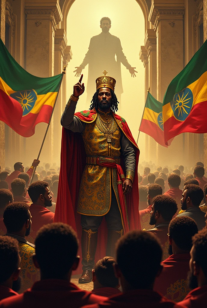Reggae album cover of the great emperor Jah Selassie liberating Ethiopia in a large space like a castle, being in the background of the image, being venerated by all his people and Ethiopian flags , 80s reggae aesthetic