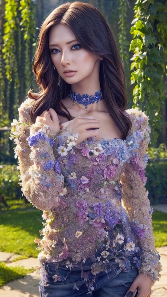 Beautiful black-haired woman with blue eyes, elegant and refined, fish, under sea,Highly detailed face, Detailed eyes, beautiful long eyelashes, complicated details, Award-winning digital art, movie light, Amazing color, realistic, 8k, Masterpiece、(Flowers hide her chest)、(A choker made of ivy)、(The entire body is covered in flowers)、(Bound by vines)、Super Real Photo