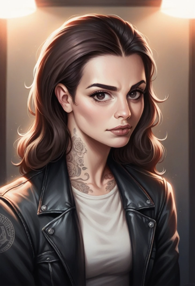 a thug selena gomez, beautiful detailed face, detailed eyes, detailed lips, detailed nose, long eyelashes, leather jacket, ripped jeans, tattoos, confident expression, dark moody lighting, gritty urban setting, neon lighting, cinematic atmosphere, high contrast, chiaroscuro, digital painting, hyperrealistic, 8k, photorealistic