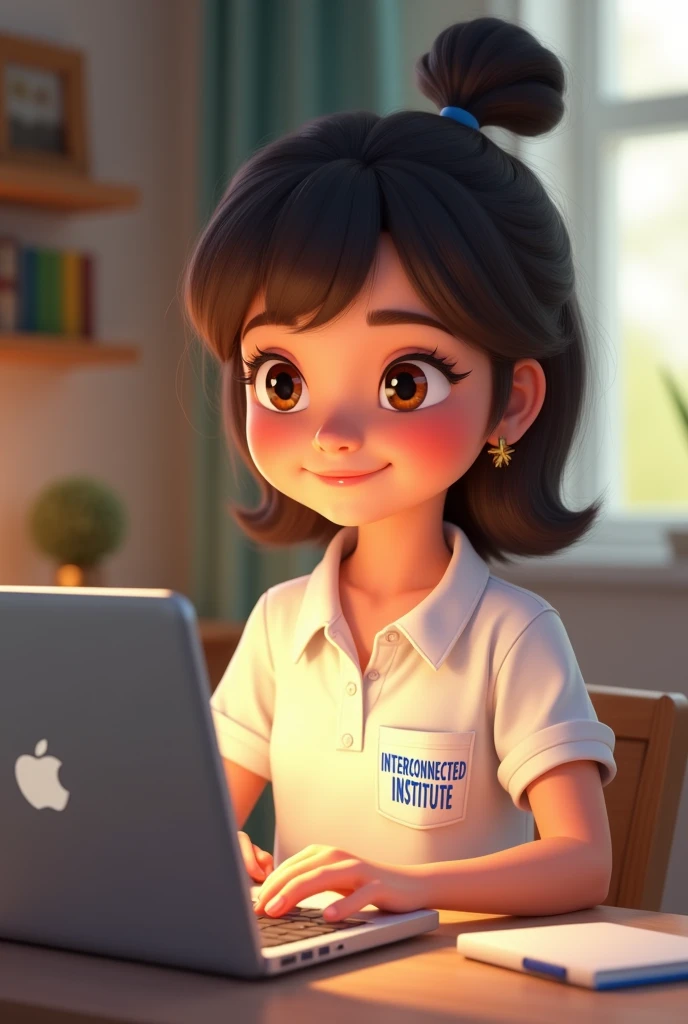 Disney girl wearing a white polo shirt, sitting with her computer( complete macbook) studying languages virtually
In the shirt pocket it should say: INTERCONNECTED INSTITUTE, only in blue letters and uppercase (not so big letters in a single line at the bottom) 
