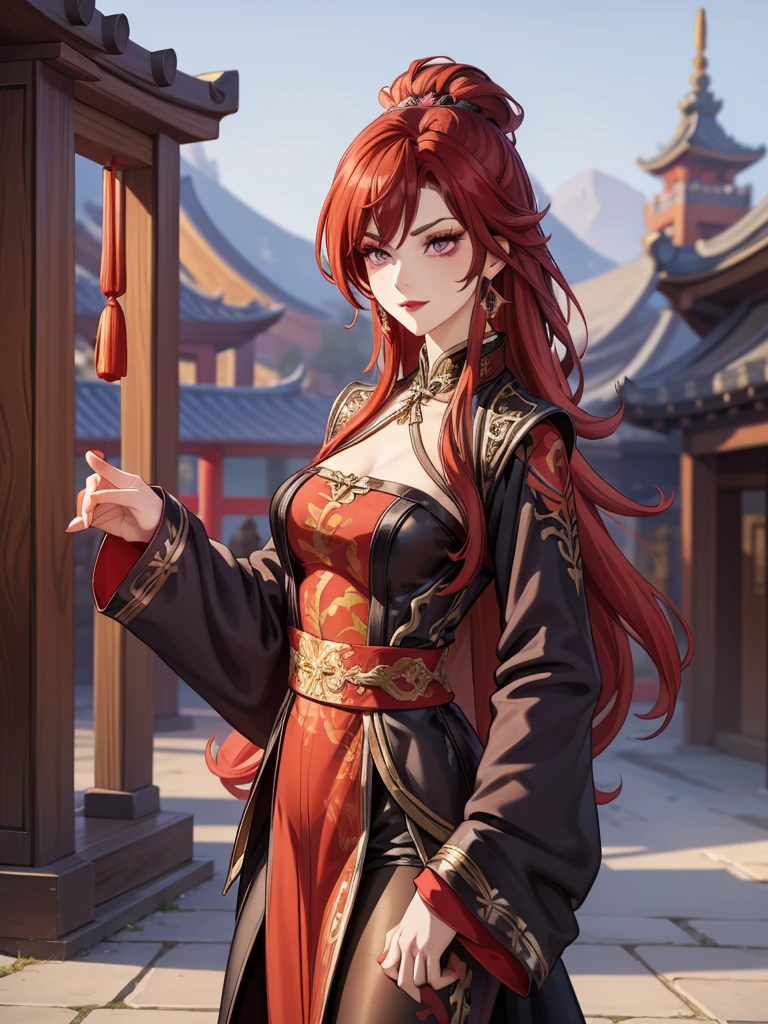 My sweet vampire (, thin, black and red hair) lies on his crypt, joy, colmillos, purple eyes, purple hanfu, elegant, Ancient China, Chinese national costume
