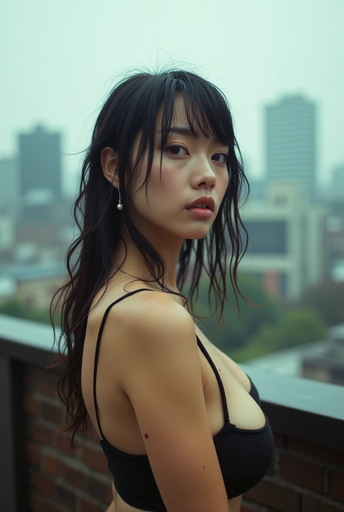 analog film photo, photo of a punk woman, amber eyes, matted hair, tan complexion, Japanese ethnicity, tall stature, curvy, voluptuous hourglass figure, busty bosom, full wide hips, plump round buttocks, topless, posing on a rainy Tokyo rooftop, wet skin, damp clothes, RAW Photograph, dslr, soft lighting, high quality, film grain, Fujifilm XT3, detailed skin with visible pores, insane details, masterpiece, 8k, 35mm photograph, dslr, kodachrome, faded film, desaturated, grainy, vintage, Lomography, stained, highly detailed, found footage, close-up shot