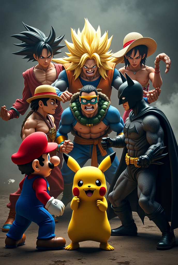 Super Mario, ein Super Sajajin, Raffael from the Ninja Turtles, monkey D.Ruffy, Pikachu and Batman in a group photo with a dark background in attack poses, no other people 