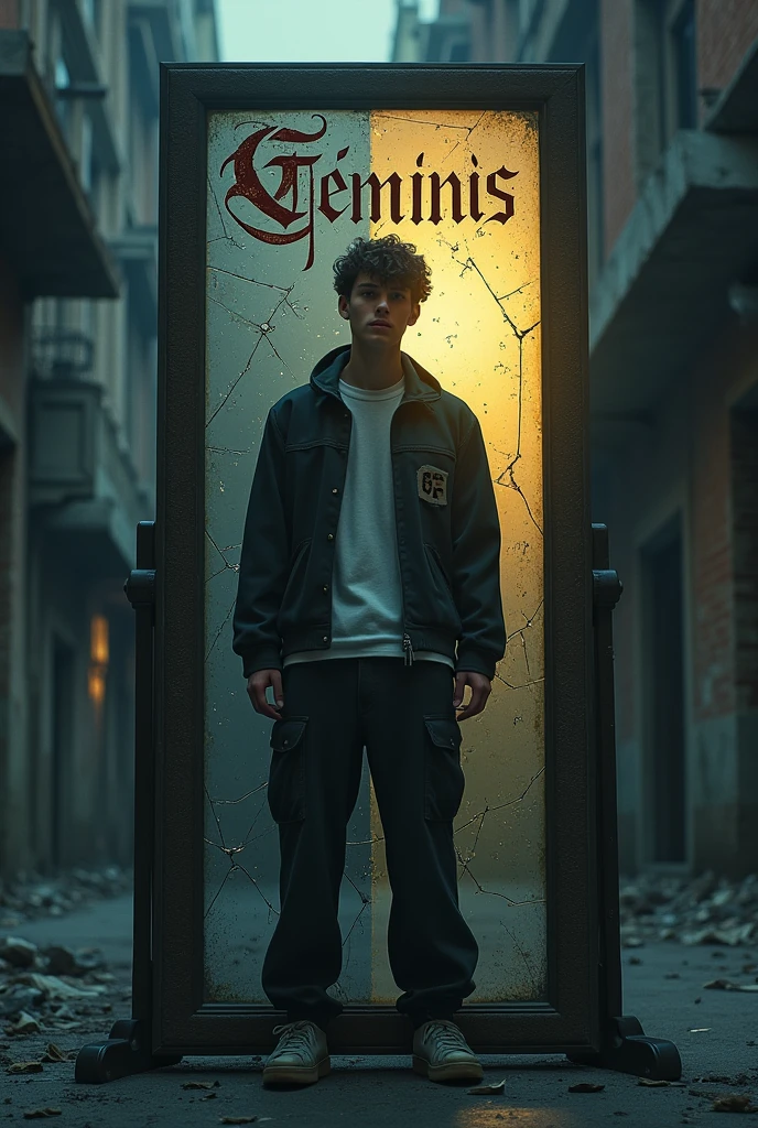 Prompt: Create a dark, moody scene depicting a young man standing in front of a cracked mirror. The reflection shows two sides of him, one side glowing with a soft, golden light, symbolizing his true self, and the other side darkened, shadowed, representing the persona society wants him to be. The background is urban, with crumbling walls and dimly lit streets, adding a sense of decay and struggle. The colors should be muted, with deep blues, grays, and touches of gold. In the reflection, faint digital symbols, like likes and numbers, float around, emphasizing the societal pressures. The young man should be dressed in streetwear, looking determined yet conflicted. Above the mirror, the words "Géminis" are inscribed in an ornate, gothic font.