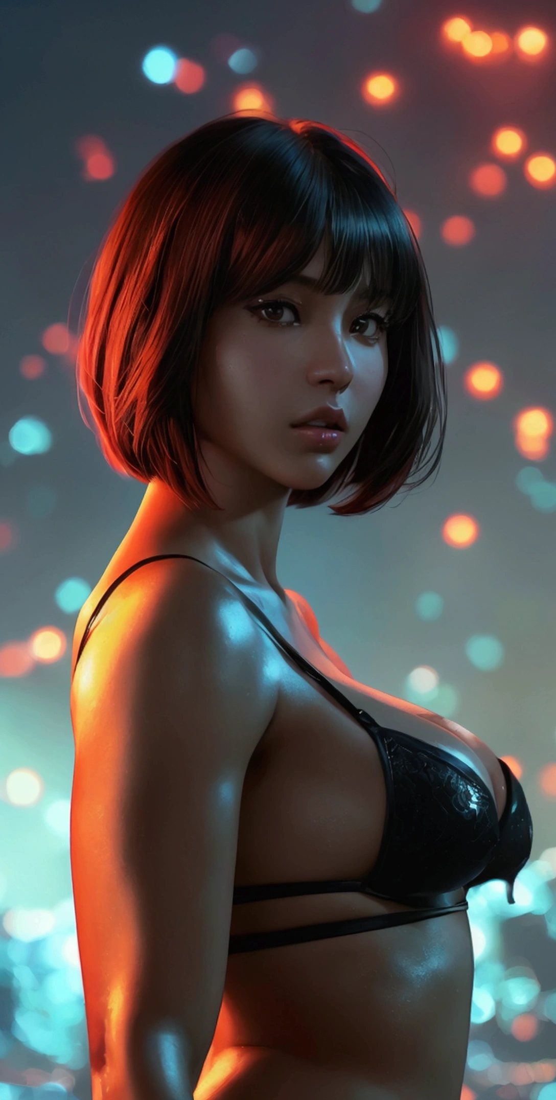 1 Girl, Solo, sensual, seductive, naked,fullbody,cintura estrecha, nalgas grandes, naked, big buttocks, big breasts, ada wong FMX, Ultra high resolution, photo, photorealistic, highly detailed, detailed face, standing, sexy female athletic body, cute woman alone, beauty ephemeral, fantastic sky, starry sky, red moon, dark sky, medium breast, full body image, (masterpiece, high quality), sideways glances at the viewer, bob cut, shiny skin, attractive, dreamy ((thick bangs, exquisite details.Intricately detailed, attractive, oily skin.
