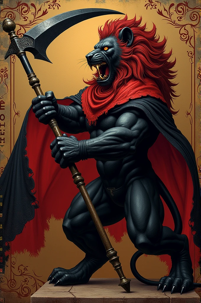 CREATE A PAINTING LIKE Renaissance. ANGRY BLACK RED LION HOLDING DEATH SICKLE WITH BLACK RED SASH AND FLAG. TEXT : LA FAMILIA FORTICH. AND DETAILED IMAGE.