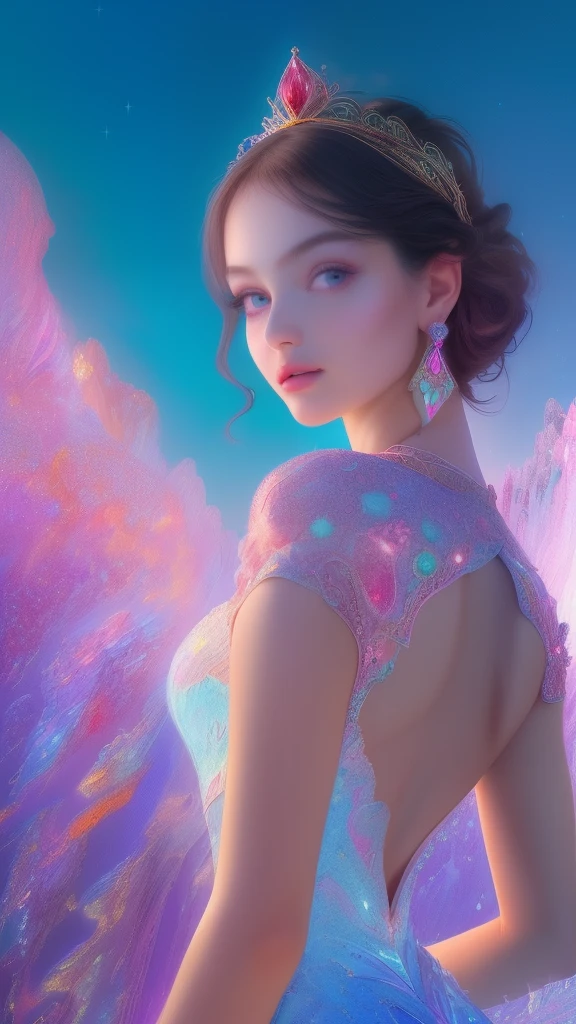 (best quality, ultra-detailed, photorealistic: 1.39), bright and vibrant colors, studio lighting, Red moon, sky shooting stars, soft azure clouds, sparkling, sparkling neon green ocean waves, pink roses in the pink ocean, fantasy, diamond, crown, universe, soft lights, sparkling eyes, cute biquini, cute biquini, within the vast ocean, (masterpiece:1.2), (best quality), 4k, ultra-detailed, (dynamic composition:1.4), highly detailed, colorful details,( iridescent colors:1.2), (glowing lighting, atmospheric lighting), dreamy, magical, (solo:1.2), An effeminate girl, with a delicate and beautiful face. She is a girl who reflects seductive beauty, sparkling eyes, extremely beautiful woman, perfect lips in a soft smile , crystalline dress, crystals on the detailed dress, she is in love, she is near the fountain of the palace made of ice ridges, crystal kingdom