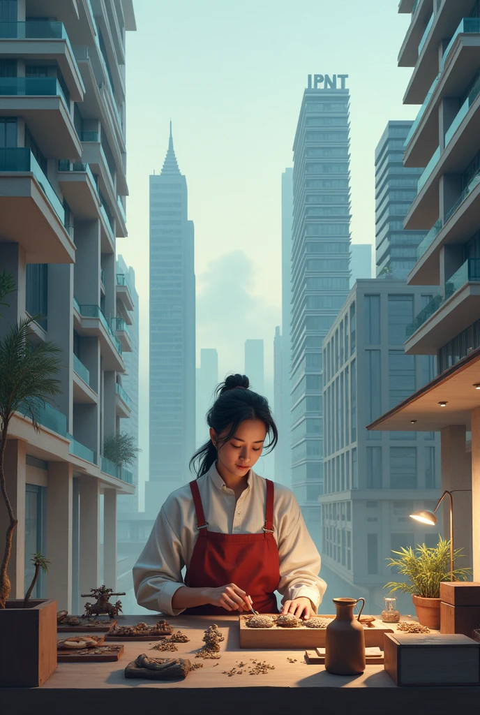 A picture of a craftswoman with 10 modern and one single-story building