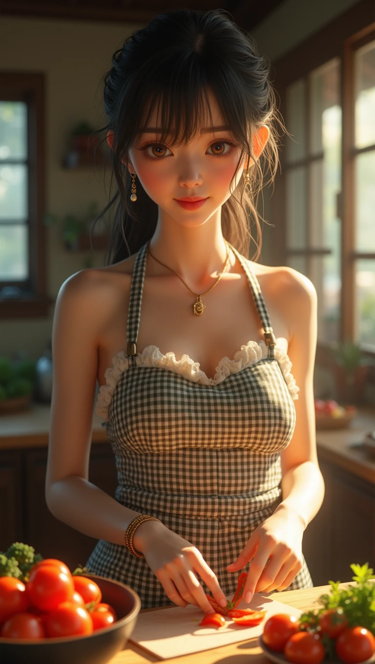 (32K:1.9, Highest quality, masterpiece, Ultra-high resolution, Professional random angle camera work:1.5, Very detailedな肌と顔の質感:1.4), Always accurate, Very detailed, ((19-year-old Japanese wife, Busty on the verge of collapse, A small face with ultimate beauty, Cooking in the kitchen:1.6, The morning light illuminates the hut, Wearing only a gingham apron, naked.:1.7, Incredibly slim body:1.5, areola is not visible)), Fair skin, elegant, sense of cleanliness, Vegetable cutting pose, (Big eyes that exude beautiful eroticism:0.4, A shy smile:1.0, I love you with all my heart:0.8, Please open your mouth a little, lipstick, Feel the beautiful eroticism:0.9), (Wet dark brown messy hair), Earrings, necklace, bracelet, (romantic, artistic, mysterious), Object of admiration, original, dramatic, Innovative, charm, Heartful, Fancy, sense of openness, special, exciting, Extreme, Tilt, sense of loss, fun, Expression of enjoyment, (((若さのcharm, 女性的なcharm)))
