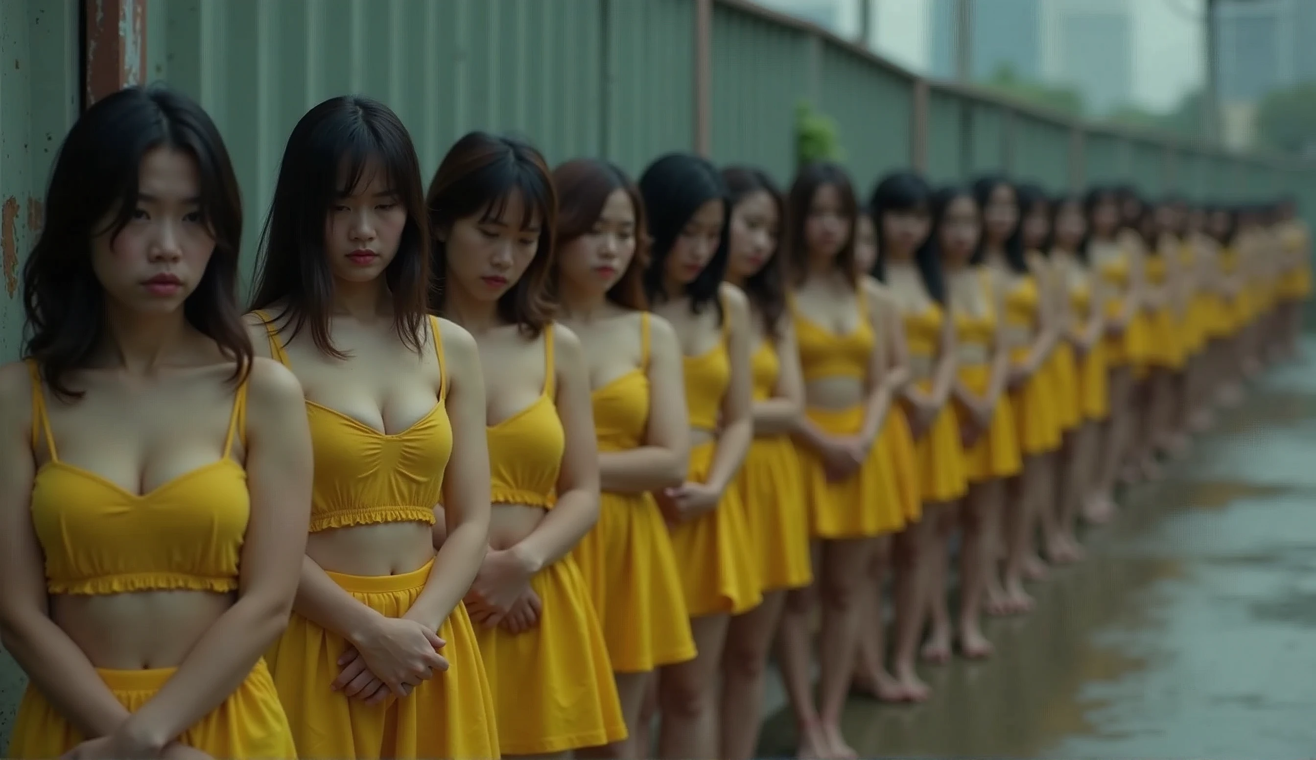 a line of 15 Asian women, all next to each other, their faces look sad, they all have their hands crossed in front of their legs, they wear very short yellow skirts and a yellow bra, the line of women is positioned at 45 degrees from the camera, the camera is very far from the women