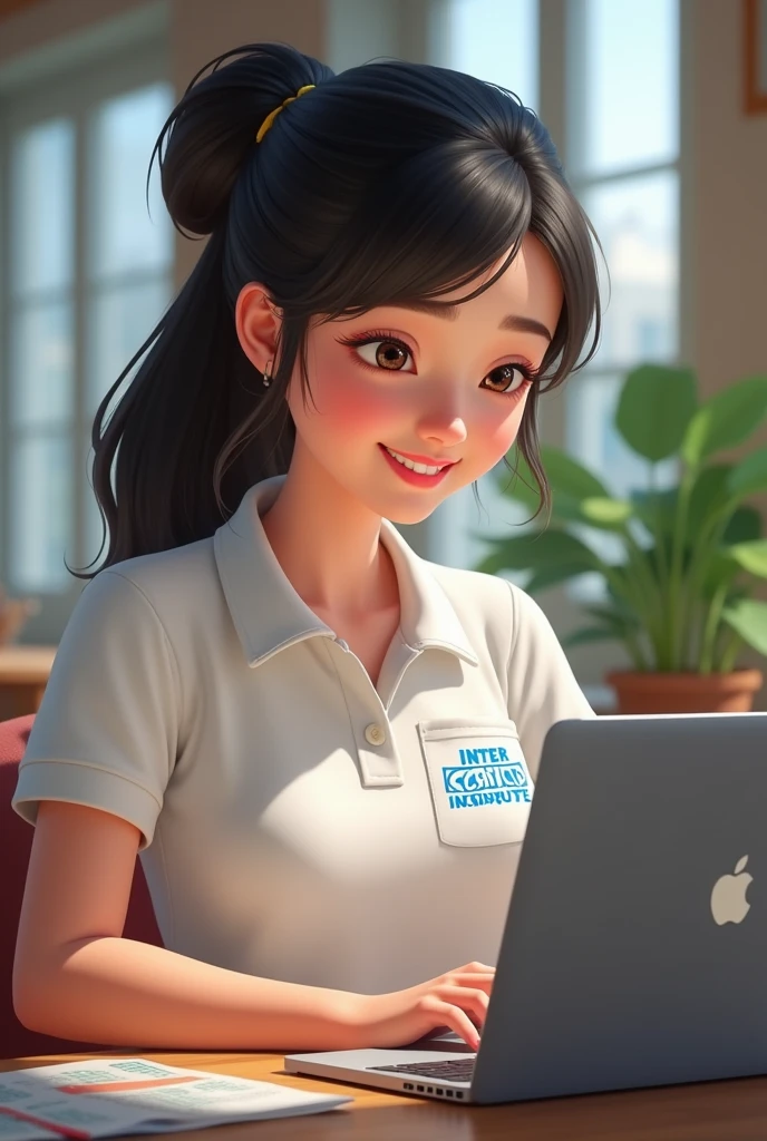 Disney girl wearing a white polo shirt, sitting with her computer( complete macbook) studying languages virtually
In the shirt pocket it should say: INTERCONNECTED INSTITUTE, only in blue letters and uppercase (smaller letters on a single line at the bottom leaving space at the top)