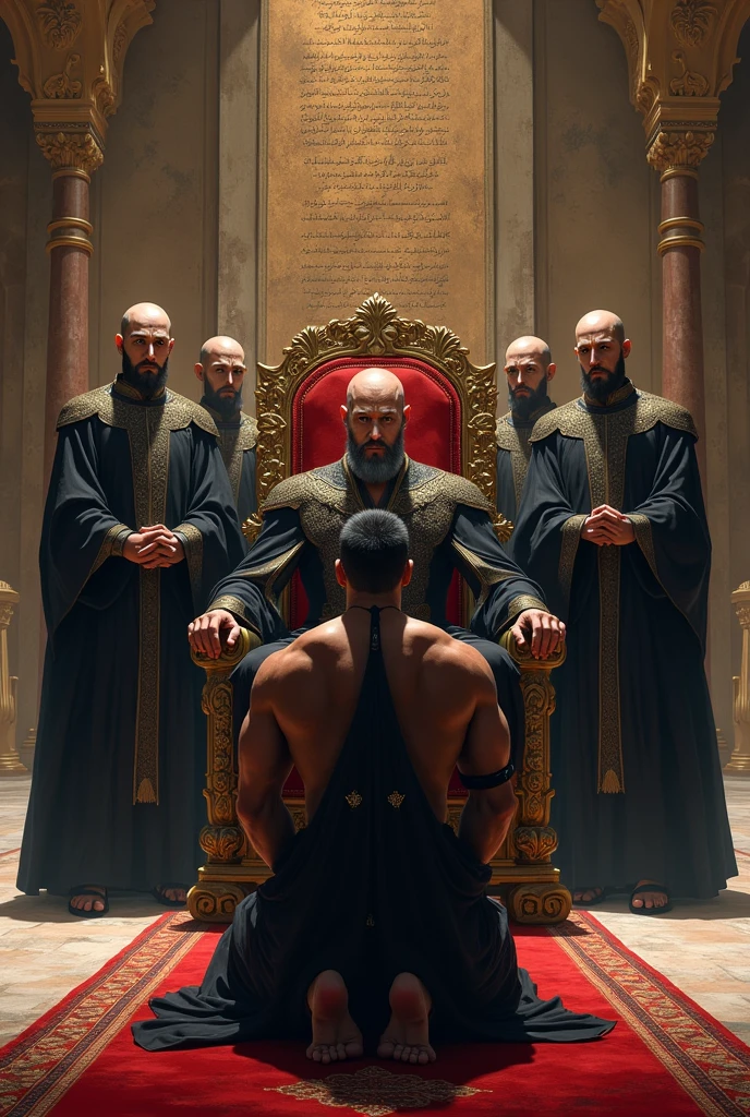 An old Mamluk palace, a Kipchak sultan sits on the throne, behind him stand four Kipchak soldiers, all tall, with pale complexions,  shaven heads, and muscular builds. They are clad in black garments. The Mamluk palace exhibits inscriptions in the Göktürk alphabet, with rare instances of Arabic script.. The sultan is a strong-looking man in his 40s or 50s, with a pale complexion, blue eyes, and a thin beard.. An Arab Bedouin kneels before the throne, pleading with the sultan.. He is wearing a black garment with gold pins scattered throughout. He also wears a simple black bracelet, highlighting his muscular physique.