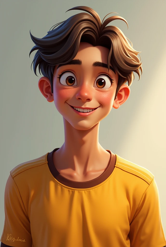 Generate an image with this
Here is the translation:
Description of a friend (Milo)
He has brown hair, long and straight, Her skin is brown, slightly tanned and thin., He is short.
He is a happy and friendly person.
With his family and friends, He is cheerful and kind. He is strong, is in shape, He loves to work and play soccer in his free time. and he is dark