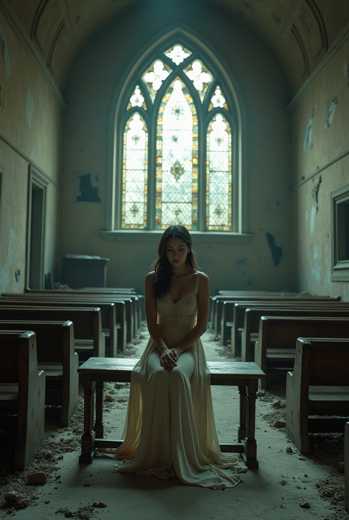 8k (photo realist) A young woman wearing a long dress, sitting on a bench in an abandoned and old church

