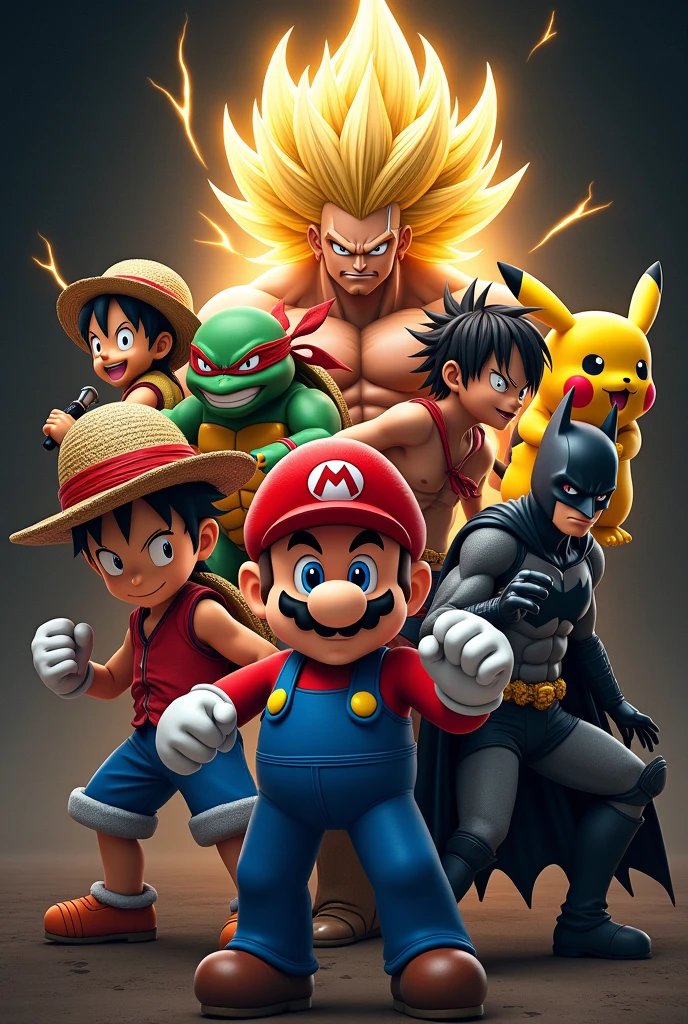 Super Mario, ein Super Sajajin, Raffael from the Ninja Turtles, monkey D.Ruffy, Pikachu and Batman in a group photo with a dark background in attack poses, no other people
