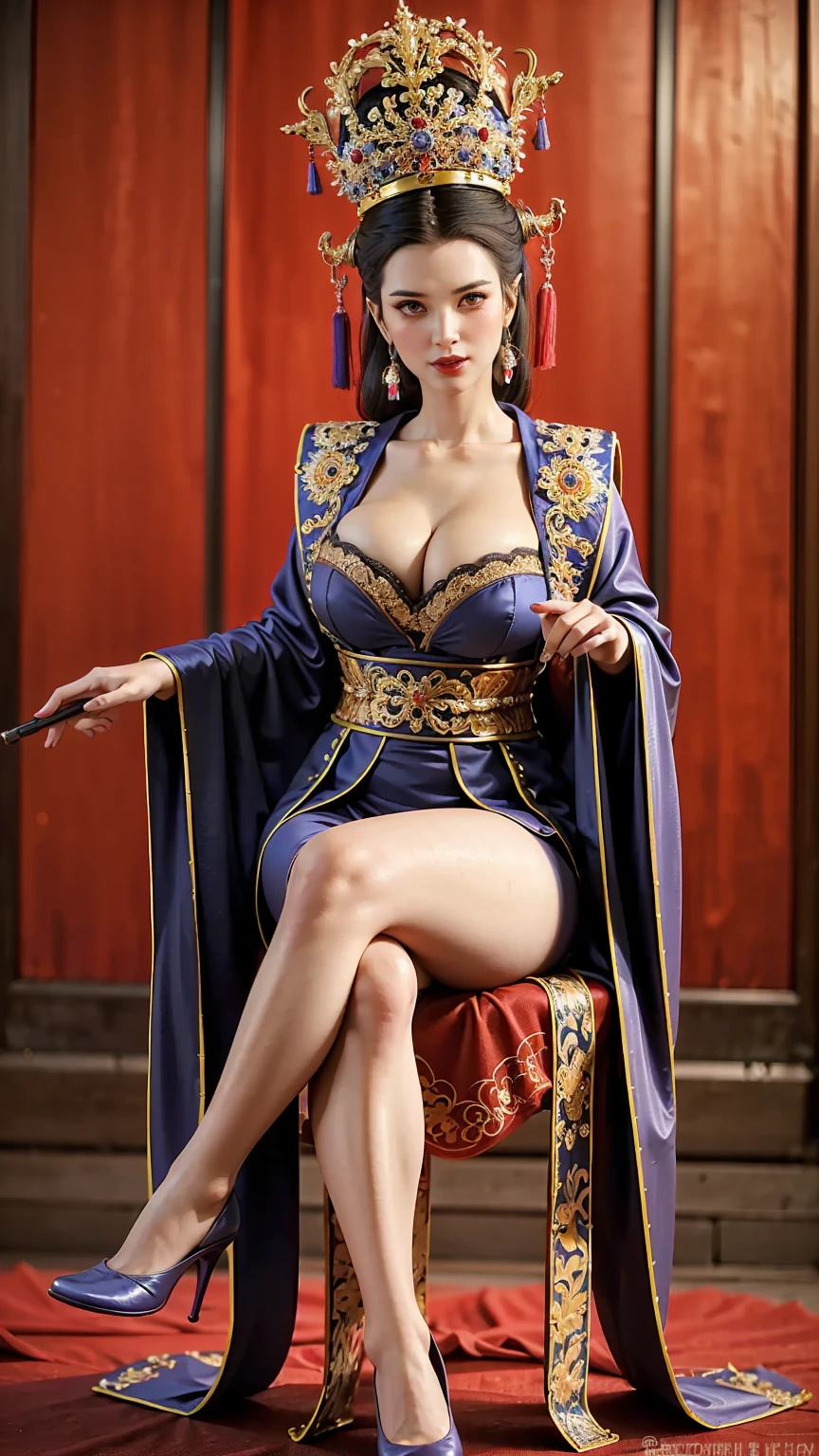 Wearing dreamy Hanfu。Tight,High heel。Breast protrusion。Breasts are larger than the torso。Perfect body,Supermodel。 leg rings。good facial features。high quality faces。sexy idol girl group。The Ultimate Body。Smooth and delicate skin。Exquisite facial features。prostitute。A true physics engine。woman with smooth skin。energetic woman。Crazy horse show。Sexy hot woman。Immortal Cultivator。hat,Knife crown,Hairpin。Cloak。Model shooting poses。(thick thighs, curvy Chinese model)) blue outfit , ((sitting on throne, legs crossed))