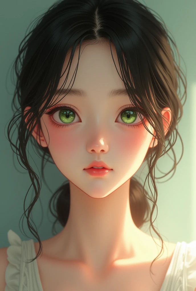 18-year-old Japanese girl,green eyes,pretty,Lovely, model,too cute and adored by everyone in the world, facing the camera taking a selfie
