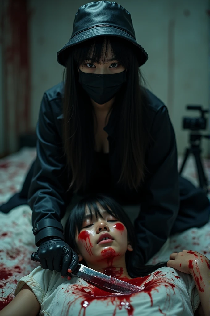 korean girl, (behind corpse, holding knife), black surgical mask, black gloves, room full of blood, black raincoat, bucket hat, holding knife, black gloves, woman on top, looking at viewer, behind corpse, blood splatter, on the bed, night, mass murderer, killer, long bangs, blood splatter, dark atmosphere, cinematic lighting, atmospheric realistic, close-up, tripod and camera in the back, shooting with camera
