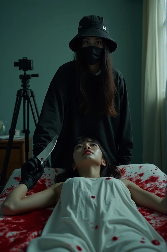 korean girl, (behind corpse, holding knife), black surgical mask, black gloves, room full of blood, black raincoat, bucket hat, holding knife, black gloves, woman on top, looking at viewer, behind corpse, blood splatter, on the bed, night, mass murderer, killer, long bangs, blood splatter, dark atmosphere, cinematic lighting, atmospheric realistic, close-up, tripod and camera in the back, shooting with camera