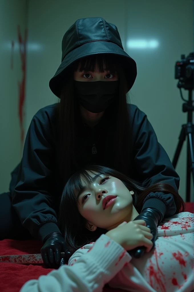 korean girl, (behind corpse, holding knife), black surgical mask, black gloves, room full of blood, black raincoat, bucket hat, holding knife, black gloves, woman on top, looking at viewer, behind corpse, blood splatter, on the bed, night, mass murderer, killer, long bangs, blood splatter, dark atmosphere, cinematic lighting, atmospheric realistic, close-up, tripod and camera in the back, shooting with camera
