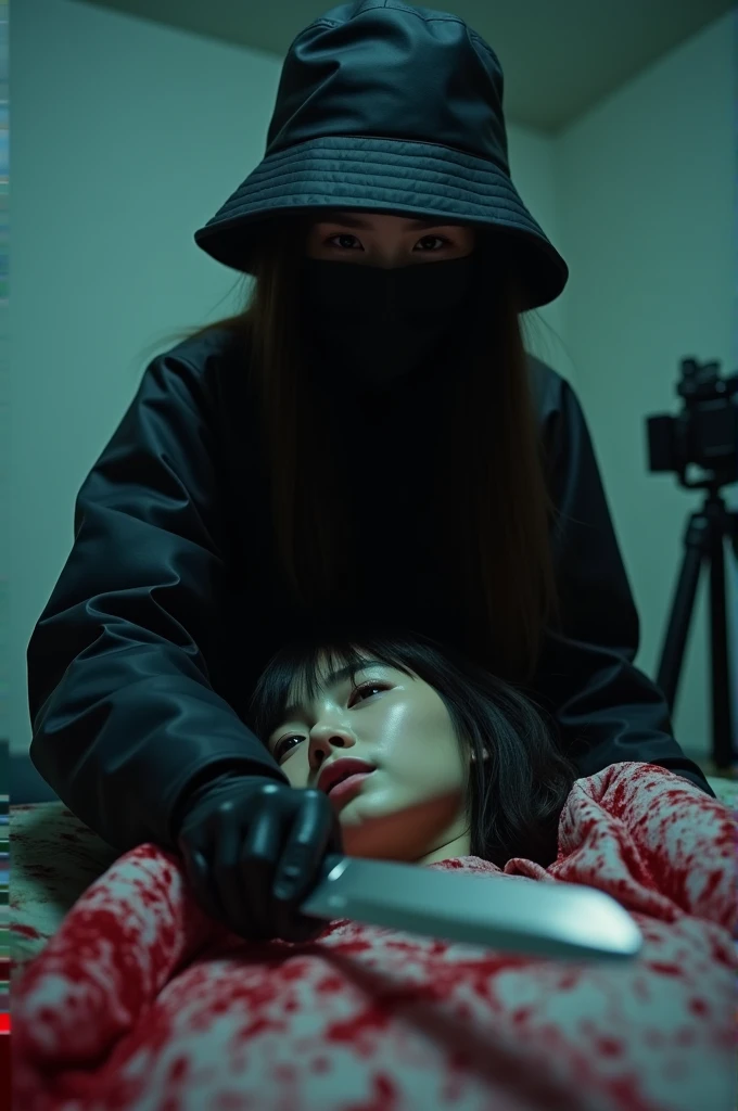 korean girl, (behind corpse, holding knife), black surgical mask, black gloves, room full of blood, black raincoat, bucket hat, holding knife, black gloves, woman on top, looking at viewer, behind corpse, blood splatter, on the bed, night, mass murderer, killer, long bangs, blood splatter, dark atmosphere, cinematic lighting, atmospheric realistic, close-up, tripod and camera in the back, shooting with camera
