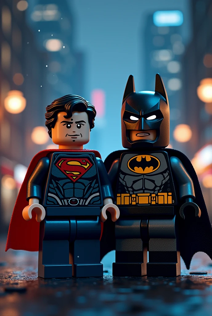 Superman and Batman in Lego art, in 8k realistic at night