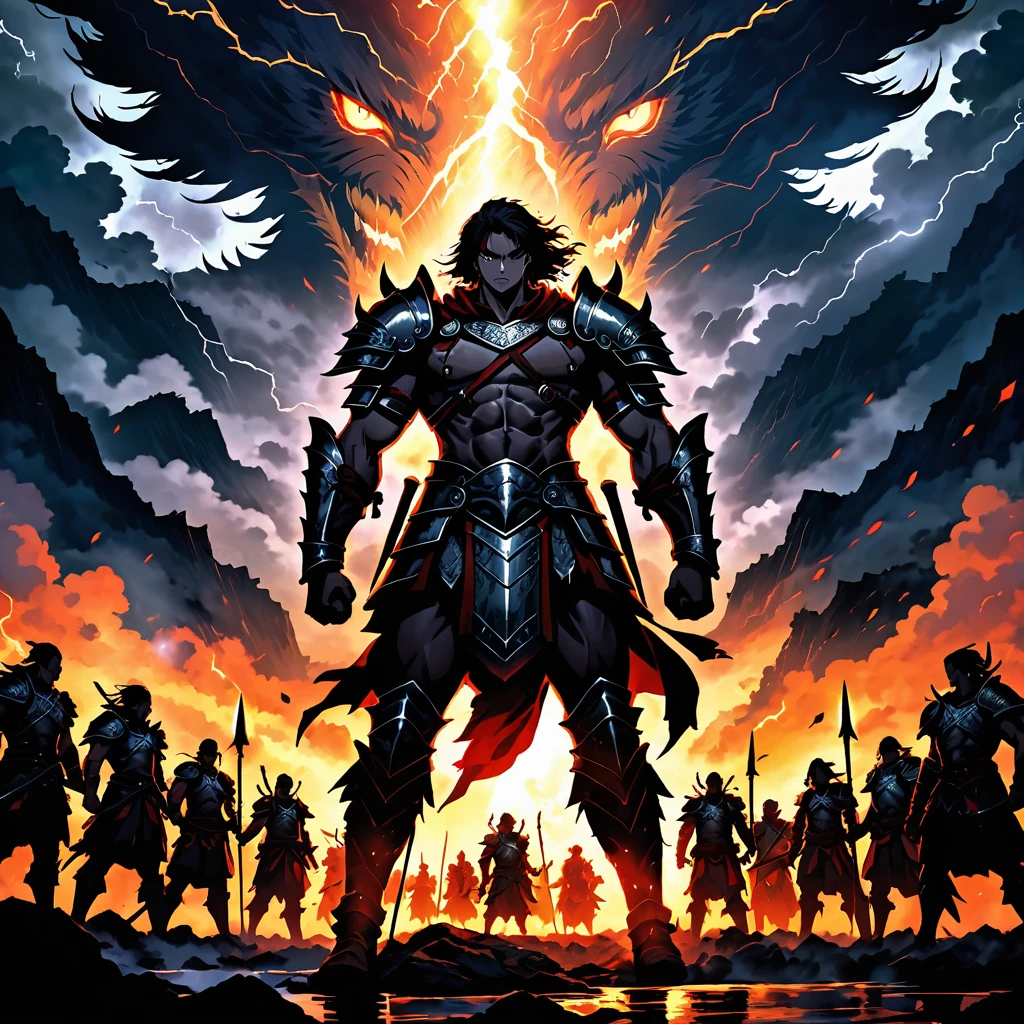 A dark and intense scene featuring a group of warriors emerging from shadows in the midnight hour. They are bathed in a mystical, fiery glow, with their eyes gleaming fiercely. The warriors, clad in armor, march through a misty landscape, with an epic choir seemingly lifting their spirits. In the background, thunderclouds rumble, and lightning illuminates the sky. The overall atmosphere is one of epic battle and determination, with the warriors representing light in the face of overwhelming darkness. A fierce beast can be seen in the distance, with the warriors preparing to engage it