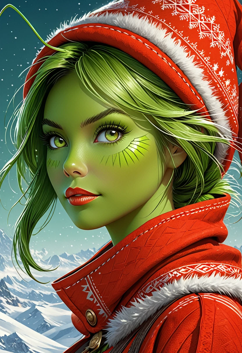 Anthropomorphic female grinch grasshopper mage. Official Art – Charecter profile. An Award-Winning Digital Masterpiece In 4K Ultra HD, Extreme Detail And Intricate Realism. Symmetrical Face. This Concept Art Brought To Life By The Hands Of Artists Like Wlop & Artgerm In A Stunning 2D Vector Illustration.Background Is A Panoramic Vista.