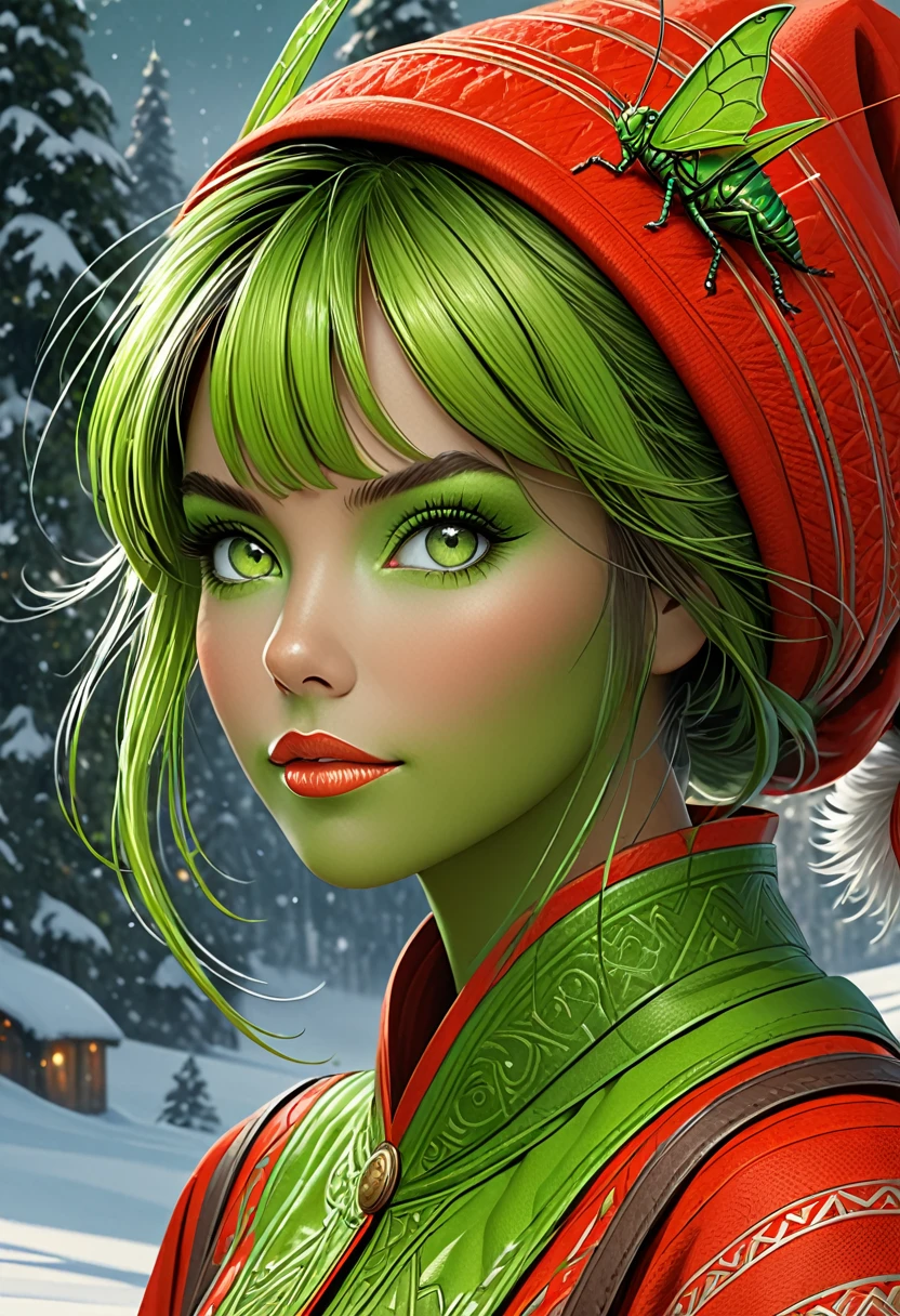 Anthropomorphic female grinch grasshopper mage. Official Art – Charecter profile. An Award-Winning Digital Masterpiece In 4K Ultra HD, Extreme Detail And Intricate Realism. Symmetrical Face. This Concept Art Brought To Life By The Hands Of Artists Like Wlop & Artgerm In A Stunning 2D Vector Illustration.Background Is A Panoramic Vista.