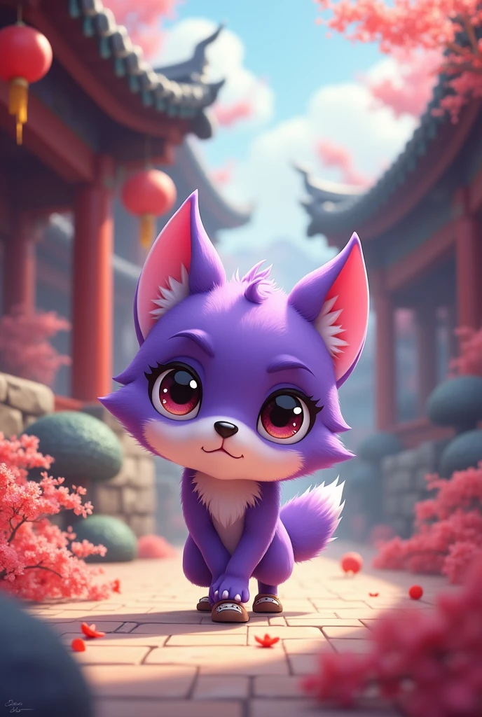 a purple wolf,cute,Wearing shoes,walking carefully,The expression is nervous,Move carefully,background chinese style,