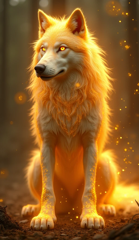 Wolf,Fantastic fantasy,Glowing in gold,Moody Color,Golden glitter background
