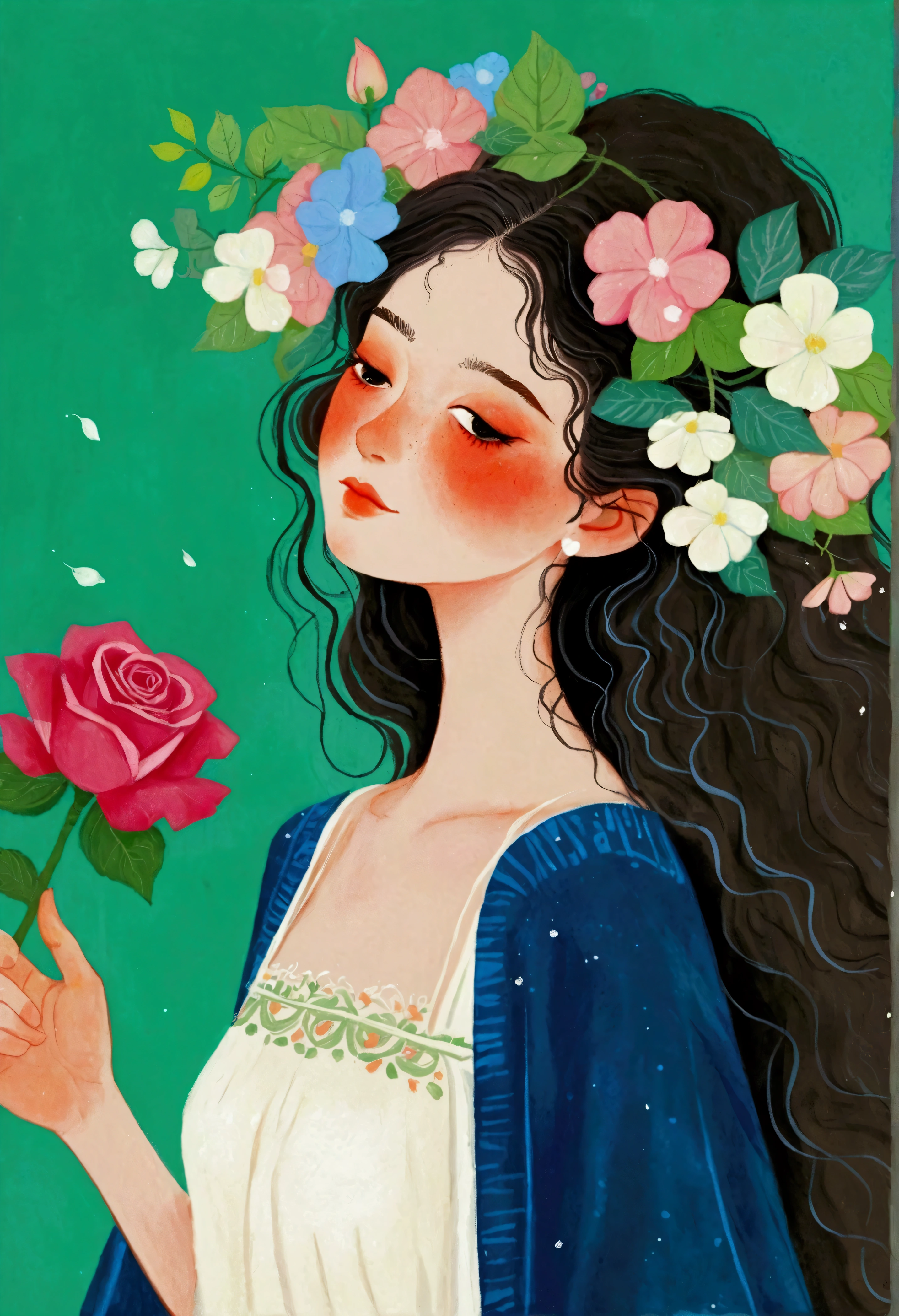 There is a painting，The painting shows a woman holding a microphone and a rose, Emma Rios (Emma Rios) Numbers, Reddit, The art of math, The non-dual god of spring, Hydrangea God, Flower Wizard, Midsummer Color Theme, Flowers grew in his body, Midsummer style, Flower Goddess, Digital drawing, the greek god of wine