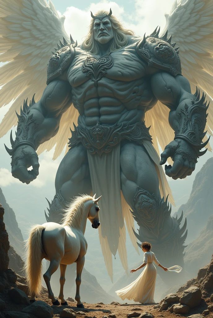 giant fighting with angle and white horse