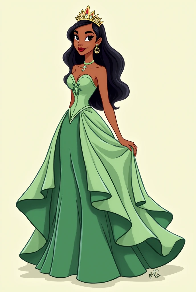 A 2d cartoon picture of tiana in her iconic Disney dress from *The Princess and the Frog*, Tiana wears a stunning gown inspired by a water lily. The dress is a beautiful, soft green with a fitted bodice and layered, petal-like skirt that flares out elegantly. The bodice features delicate embroidery, and the skirt's flowing layers are adorned with subtle floral accents. Tiana's look is completed with a tiara featuring a lily design, highlighting her transformation into a graceful princess.