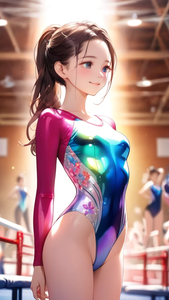 highquality illustration, masterpiece, very delicate and beautiful, attractive girl,((gymnastics leotard,tight-fit
leotard,long sleeve leotard,long_sleeve leotard,high_Leg leotard,athletic leotard,floral patterns leotard,iridescent gradient leotard)), audience reactions,thin,slender body,slim,high school,gymnasium,gymnastics club,beautiful eyes,(masterpiece, best quality:1.2), highres, extremely detailed CG unity 8k wallpaper, perfect lighting, Colourful, ultra-high res,4K,ultra-detailed, photography, 8k, HDR, 17 Ages,cowboy shot,smile、E Cup