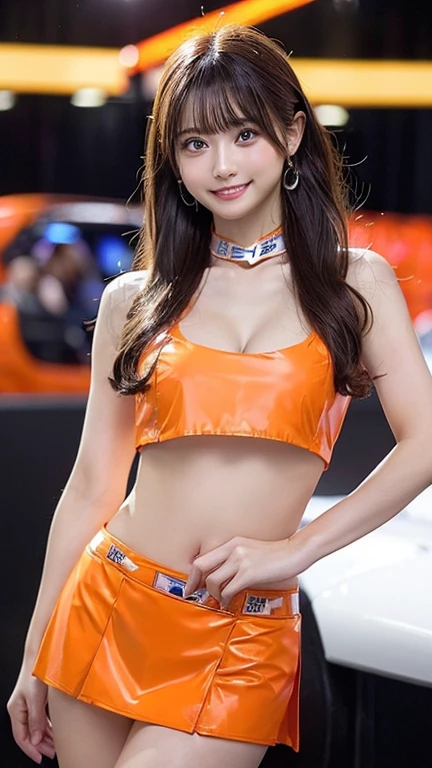 (masterpiece), ((orange color enamel super small Racing girl costume)), whole body, Highest quality, Highest quality, detailed, 非常にdetailedな_eye,Beautiful Hands, Beautiful feet,(eyeliner:0.5),(blush:0.5), Jet Black Hair、A light smile, ((Double teeth))、masterpiece, Highest quality, detailedな肌の質感, detailedな布の質感, 複雑なdetailed, 超detailed, Random Pause, Front view, From below, (Highest quality, High resolution, Realistic, original, 8k,masterpiece, ),Highest quality, masterpiece8k. Wallpapers HDR. High Rib:1.2, Film Grain, Blurred Bokeh:1.2, Lens flare, (Bright colors:1.2), (delicate),((Grid girl costume made of shiny enamel material))、((Costumes with sponsor logos:1.3))、((Exposed Skinが激しい:1.4))、((Very short, tight-fitting skirt))、((Standing in front of a supercar))、motor Show、Exhibition Hall、((Costumes with sponsor logos:1.3))、((A very short, form-fitting costume))、((huge breast:1.2))、Orange car、((Cleavage))、((Buttocks sticking out of very short hot pants:1.4))、((Super small tight skirt:1.4))、(((Back view)))、((A car the same color as your clothes))、((Twin tails))、((Staring at me))、((Exposed Skin:1.3))、(((Close your mouth)))