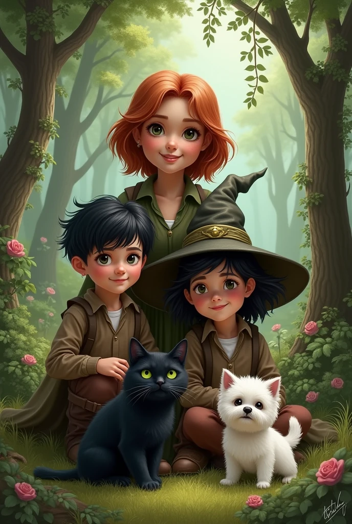 A family of three, a black cat and a white dog. They should represent a beautiful witch with short reddish hair, an eldest son with black hair and a black-haired daughter who wears a witch hat and a younger son who is a wizard. Place them in a place surrounded by nature. You must have a black cat with green eyes and small, white hairy dog
