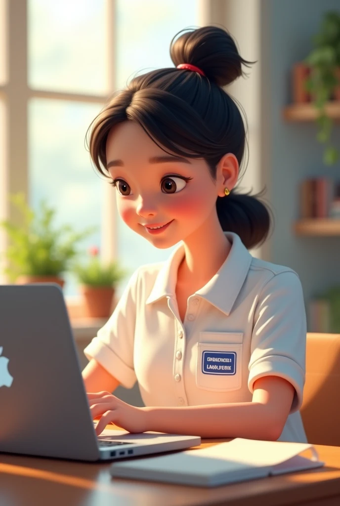 Disney girl wearing a white polo shirt, sitting with her computer( complete macbook) studying languages virtually
In the shirt pocket it should say: INTERCONNECTED INSTITUTE, only in blue letters and uppercase (smaller letters on a single line at the bottom leaving space at the top) 
