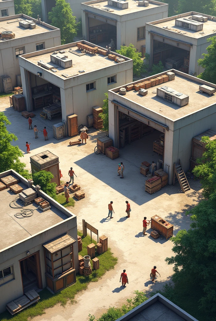 A picture of a craftsmen's yard with 10 modern workshops and a one-storey building