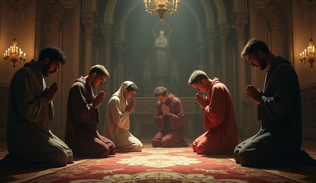 Realistic group of people praying kneeled down.