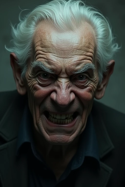 Image of a man thinking with a realistic and scary evil face, an older man is thoughtful