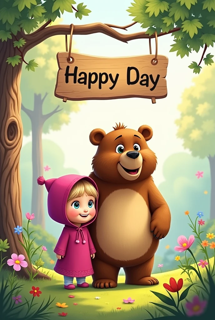 Masha and the Bear drawing with a wooden sign that says Happy Day